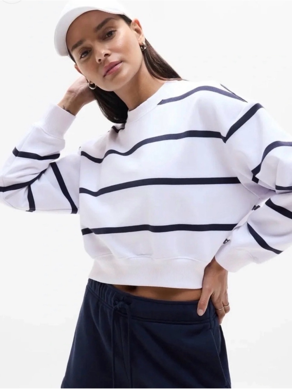 Athleta White and Navy Striped Crewneck Sweatshirt
